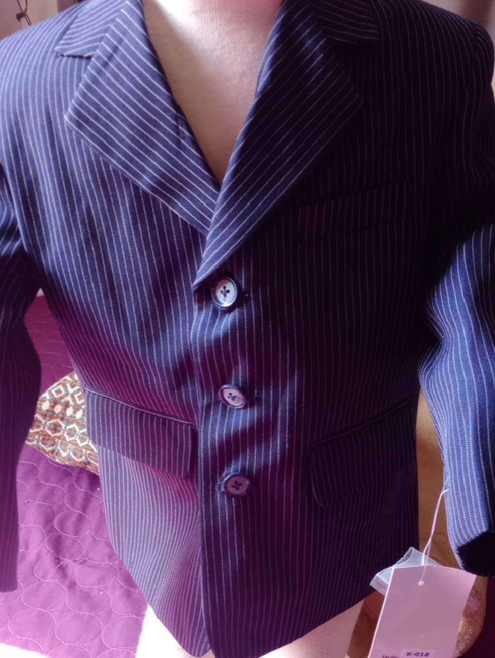 Boy's Navy Pinstripe Three-Button Blazer